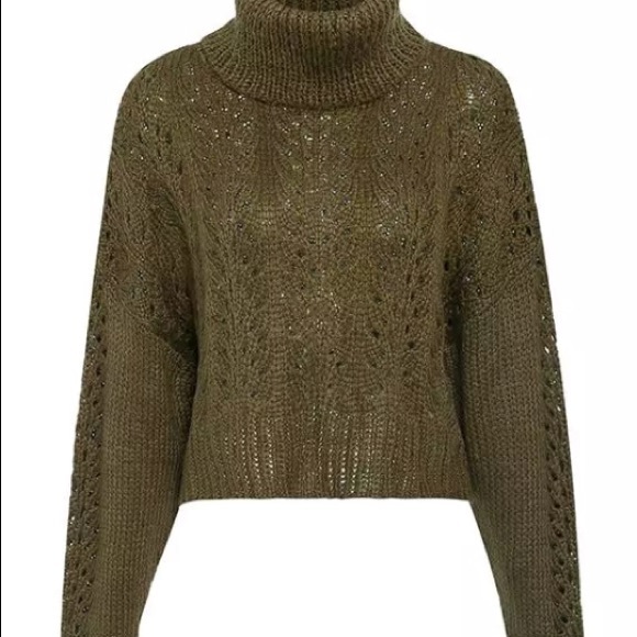 Olive Crochet Long Sleeve Knit Turtleneck Sweater - Picture 5 of 6